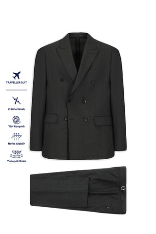  Koyu Füme 6 Drop Regular Fit Standart Kesim Yünlü Kruvaze Beli Tokalı Traveller Suit Çantalı Takım Elbise