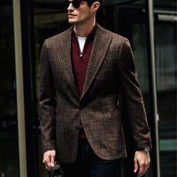 Koyu Kahve 8 Drop Muscle Fit Uzun Atletik Kesim Yünlü Ekose Spor Yarım Astar Torba Cep Sivri Yaka Ceket