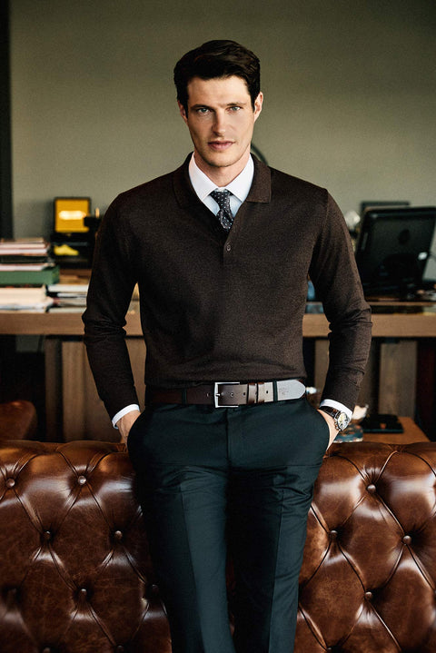 Koyu Kahve Melanj Polo Yaka Düğmeli Regular Fit Sıcak Tutan Yünlü Triko Kazak