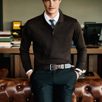 Dark Brown Melange Polo Collar Button-Down Regular Fit Warm Wool Knit Sweater