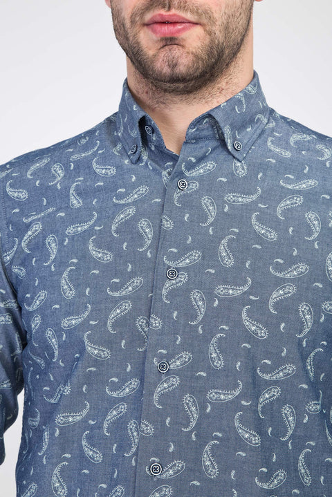 Light Navy Blue Long Sleeve Patterned Slim Fit Narrow Cut Cotton Shirt