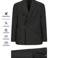 Koyu Füme 6 Drop Regular Fit Standart Kesim Yünlü Kruvaze Beli Tokalı Traveller Suit Çantalı Takım Elbise