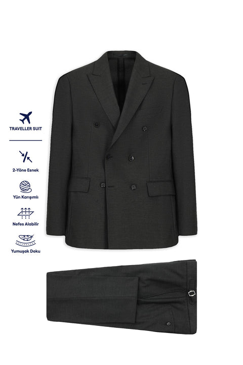 Koyu Füme 6 Drop Regular Fit Standart Kesim Yünlü Kruvaze Beli Tokalı Traveller Suit Çantalı Takım Elbise