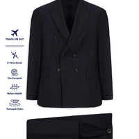 Koyu Lacivert 6 Drop Regular Fit Standart Kesim Yünlü Kruvaze Beli Tokalı Traveller Suit Çantalı Takım Elbise