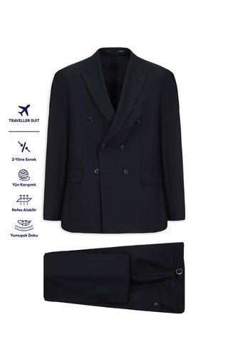  Dark Navy 6 Drop Regular Fit Standard Cut Wool Double-Breasted Traveller Suit with Buckle Waist and Bag