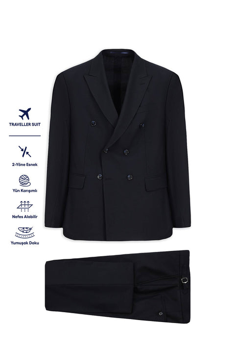 Koyu Lacivert 6 Drop Regular Fit Standart Kesim Yünlü Kruvaze Beli Tokalı Traveller Suit Çantalı Takım Elbise