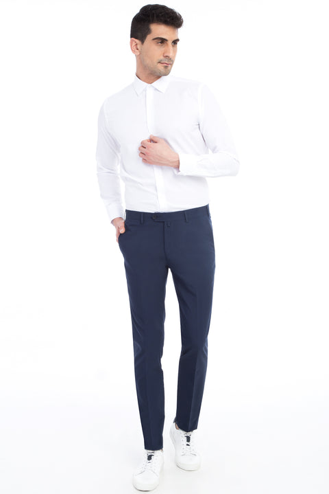 Koyu Mavi 7 Drop Slim Fit Dar Kesim Likralı Klasik Kumaş Pantolon