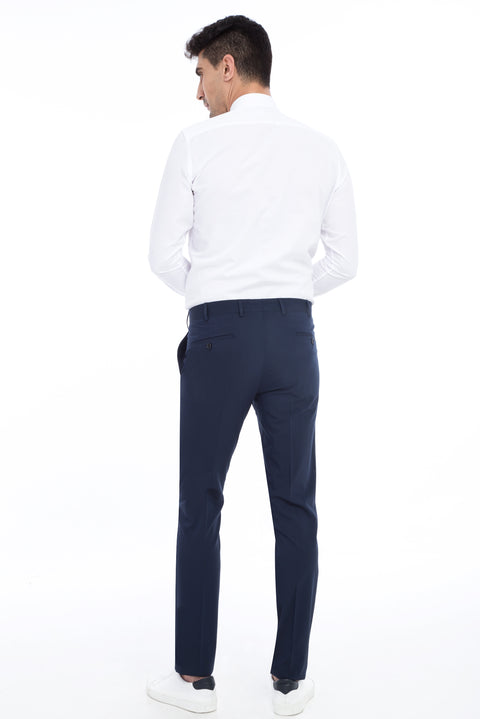 Koyu Mavi 7 Drop Slim Fit Dar Kesim Likralı Klasik Kumaş Pantolon