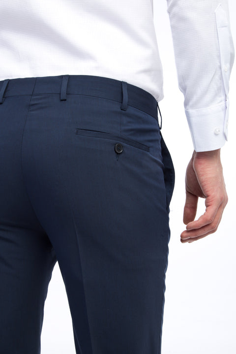 Koyu Mavi 7 Drop Slim Fit Dar Kesim Likralı Klasik Kumaş Pantolon