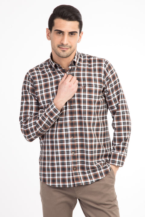 Beige Long-Sleeve Plaid Shirt