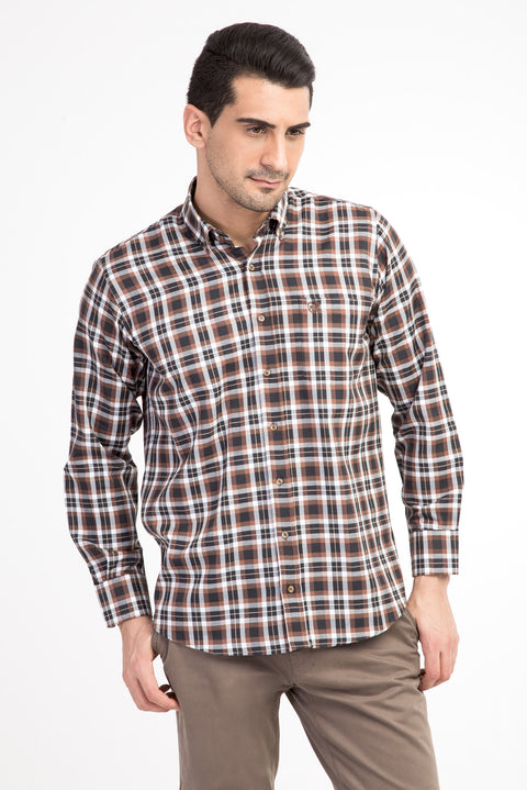 Beige Long-Sleeve Plaid Shirt