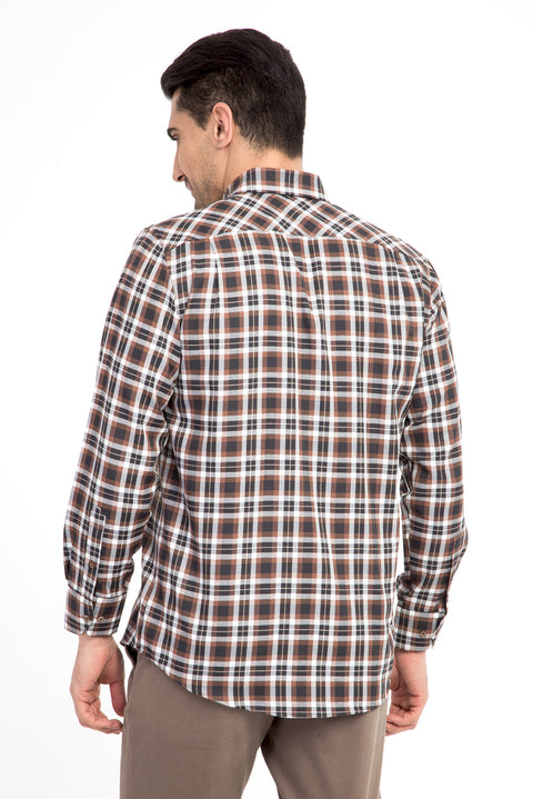 Beige Long-Sleeve Plaid Shirt