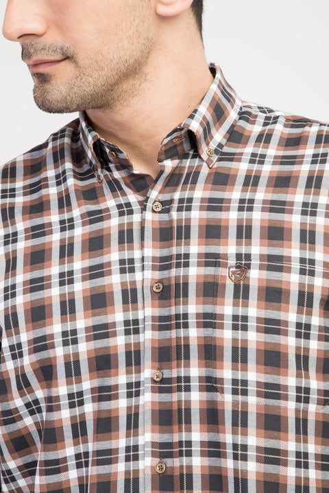 Beige Long-Sleeve Plaid Shirt