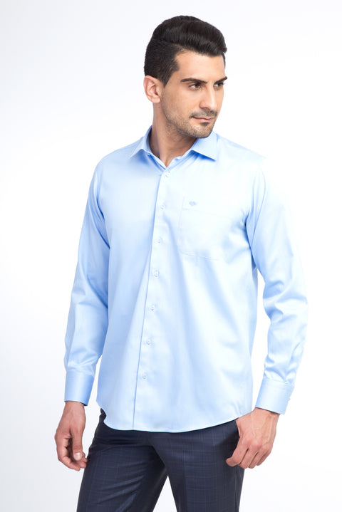 Açık Mavi Uzun Kol Klasik Saten Pamuk Gömlek