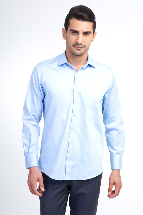 Açık Mavi Uzun Kol Klasik Saten Pamuk Gömlek