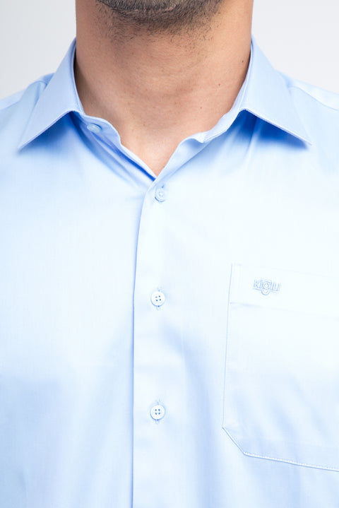 Açık Mavi Uzun Kol Klasik Saten Pamuk Gömlek