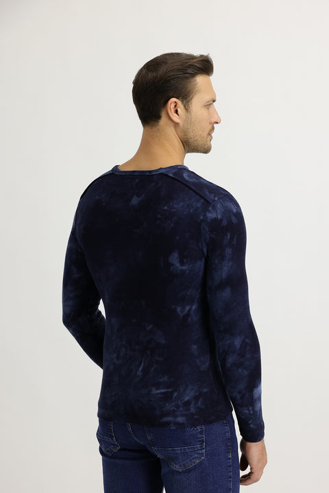 Lacivert V Yaka Batik Desenli Sweatshirt