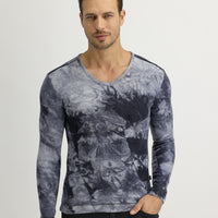Antrasit V Yaka Batik Desenli Pamuklu Sweatshirt