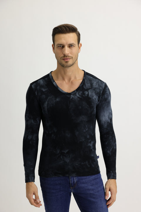 Koyu Yesil V Yaka Batik Desenli Sweatshirt