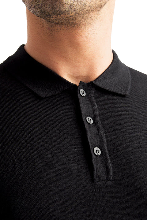 Siyah Polo Yaka Regular Fit Yünlü Triko Kazak