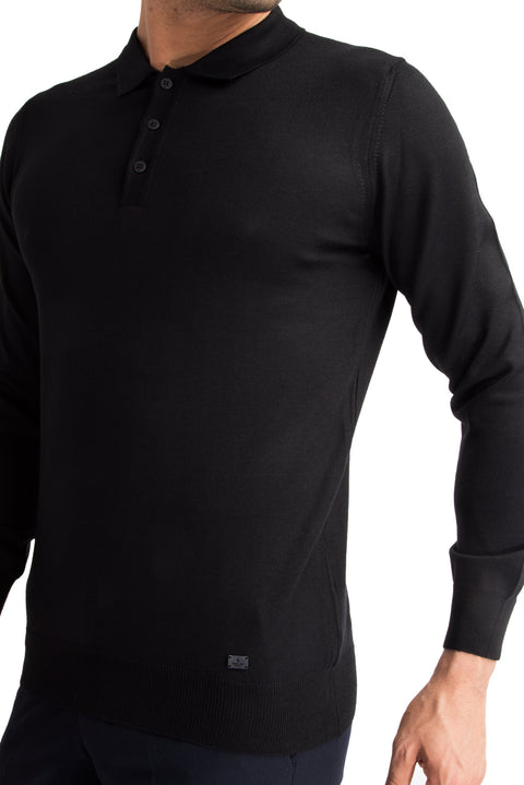 Siyah Polo Yaka Regular Fit Yünlü Triko Kazak