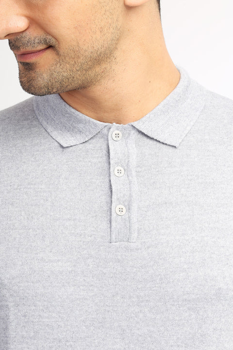 Açık Gri Polo Yaka Regular Fit Yünlü Triko Kazak