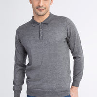 Orta Füme Polo Yaka Regular Fit Yünlü Triko Kazak