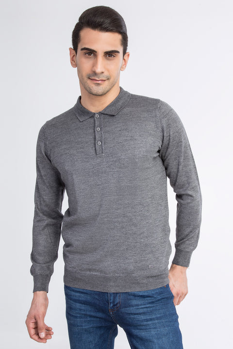 Orta Füme Polo Yaka Regular Fit Yünlü Triko Kazak