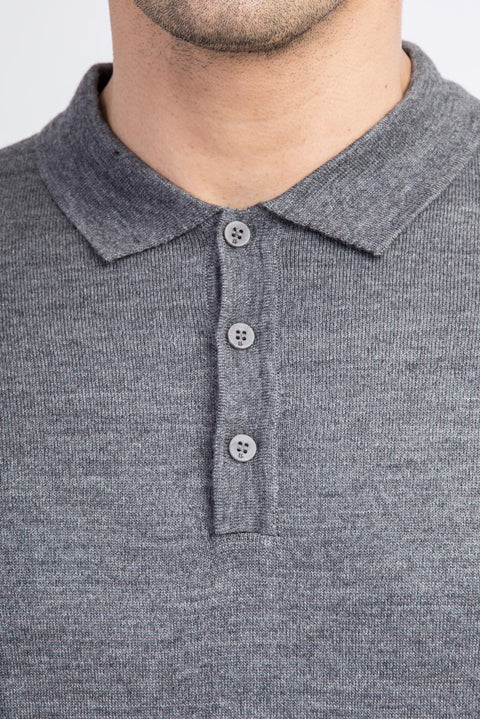 Orta Füme Polo Yaka Regular Fit Yünlü Triko Kazak