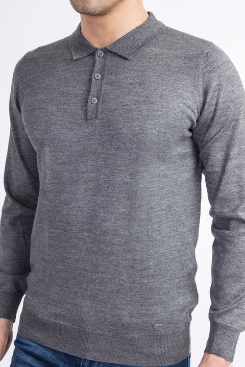 Orta Füme Polo Yaka Regular Fit Yünlü Triko Kazak