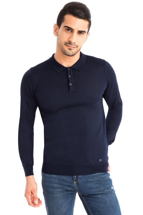 Lacivert Polo Yaka Regular Fit Yünlü Triko Kazak