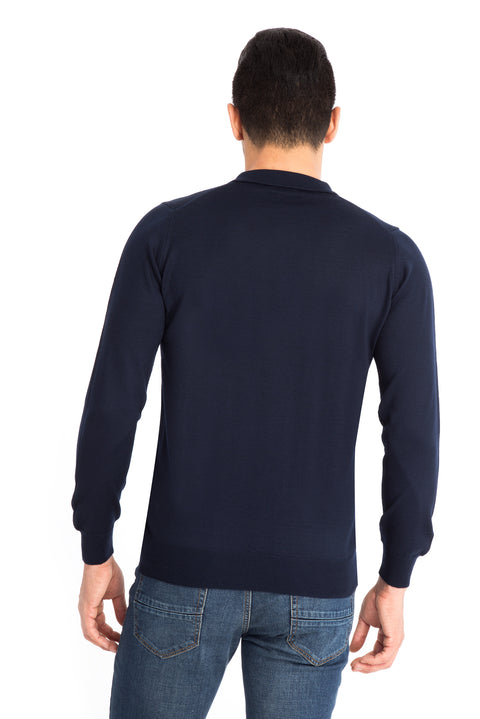 Lacivert Polo Yaka Regular Fit Yünlü Triko Kazak
