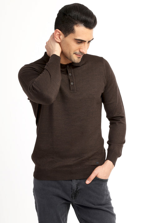 Kahve Polo Yaka Regular Fit Yünlü Triko Kazak