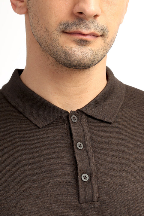 Kahve Polo Yaka Regular Fit Yünlü Triko Kazak
