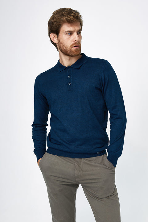 Petrol Polo Yaka Regular Fit Yünlü Triko Kazak