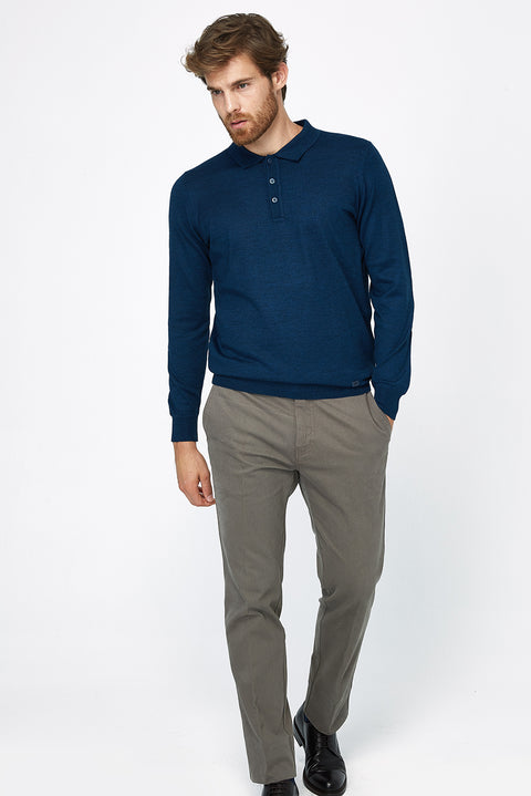 Petrol Polo Yaka Regular Fit Yünlü Triko Kazak