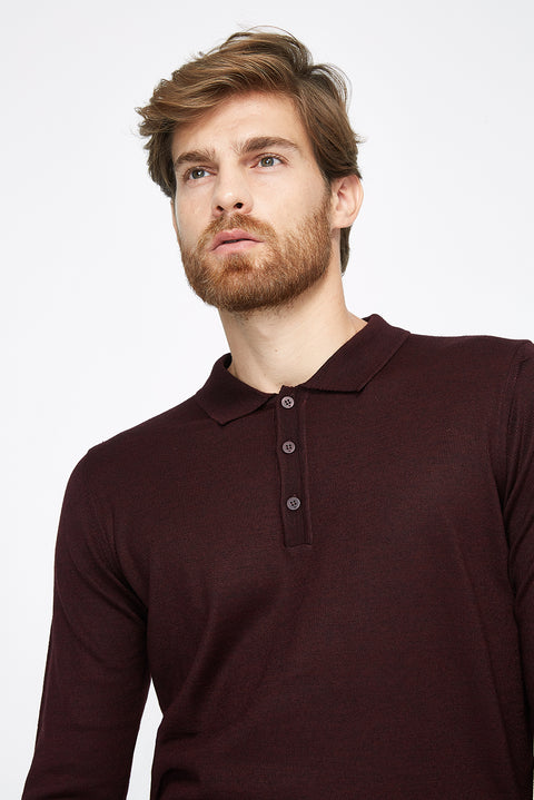 Bordo Polo Yaka Regular Fit Yünlü Triko Kazak
