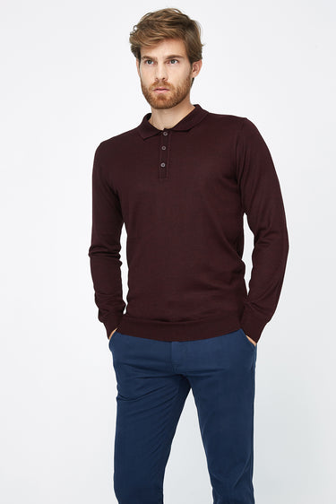  Bordo Polo Yaka Regular Fit Yünlü Triko Kazak