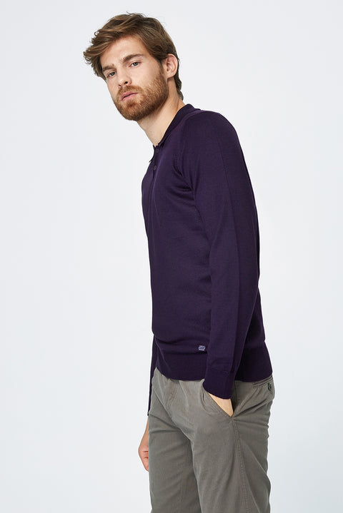 Purple Polo Collar Regular Fit Wool Knit Sweater