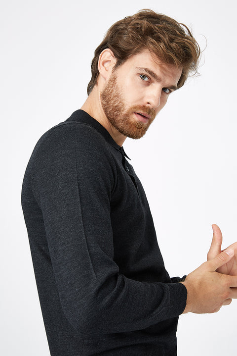 Antrasit Polo Yaka Regular Fit Yünlü Triko Kazak