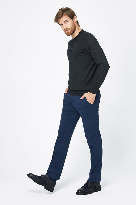 Antrasit Polo Yaka Regular Fit Yünlü Triko Kazak