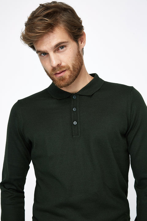 Koyu Yesil Polo Yaka Regular Fit Yünlü Triko Kazak