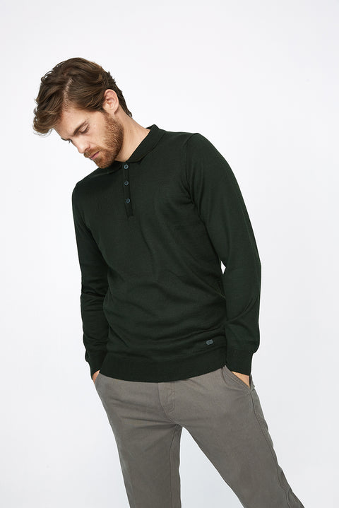 Koyu Yesil Polo Yaka Regular Fit Yünlü Triko Kazak