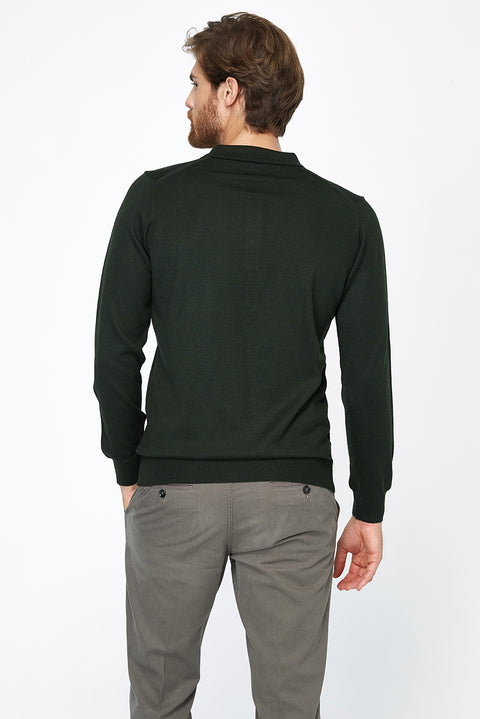 Koyu Yesil Polo Yaka Regular Fit Yünlü Triko Kazak