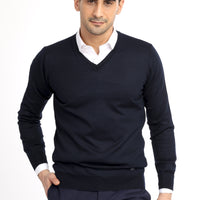 Lacivert V Yaka Regular Fit Yünlü Triko Kazak