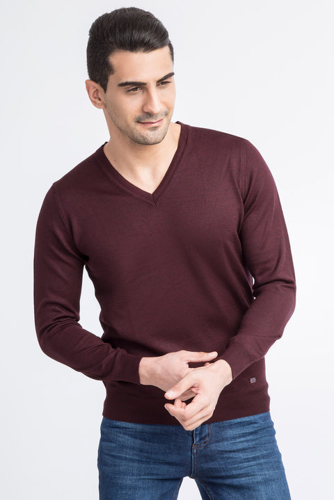 Burgundy V-Neck Regular Fit Wool Knit Sweater
