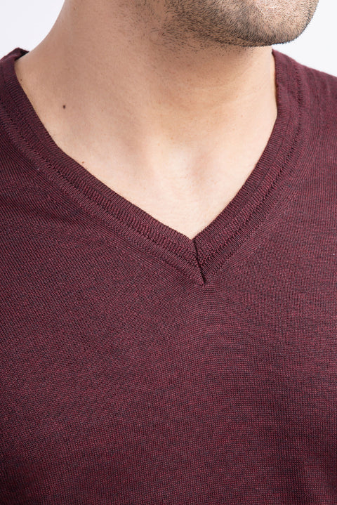 Burgundy V-Neck Regular Fit Wool Knit Sweater