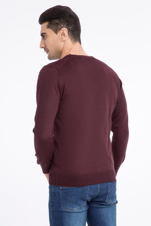 Burgundy V-Neck Regular Fit Wool Knit Sweater
