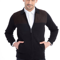Black Wool Cardigan with Fabric Front