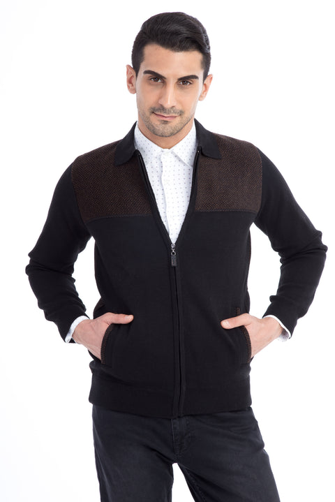 Black Wool Cardigan with Fabric Front